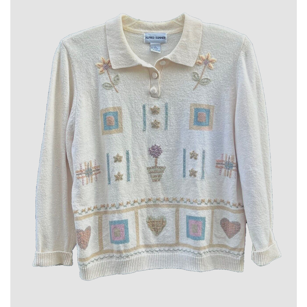 Alfred Dunner Vintage Sweater Womens Large Cream Embroidered Flowers Grandmacore